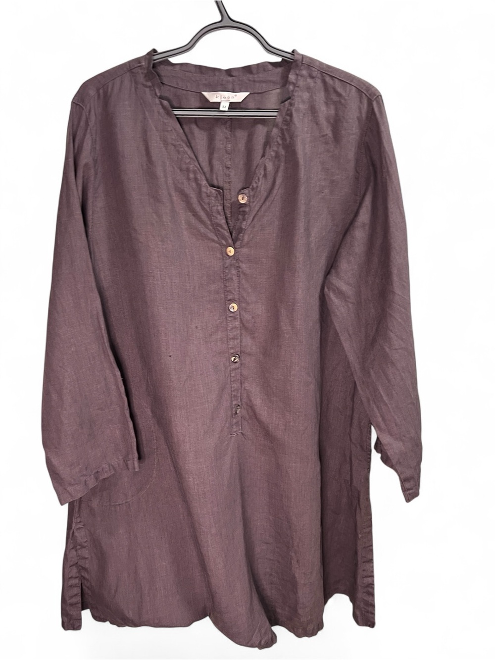 Kleen 100% Linen V-Neck Tunic Dress Size M Pockets Mauve Purple Lagenlook
